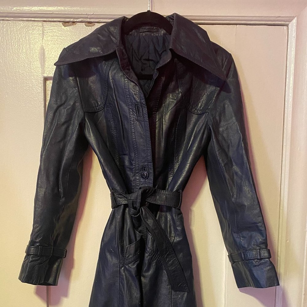 Midnight Blue Leather Vintage Trench with oversized lapels